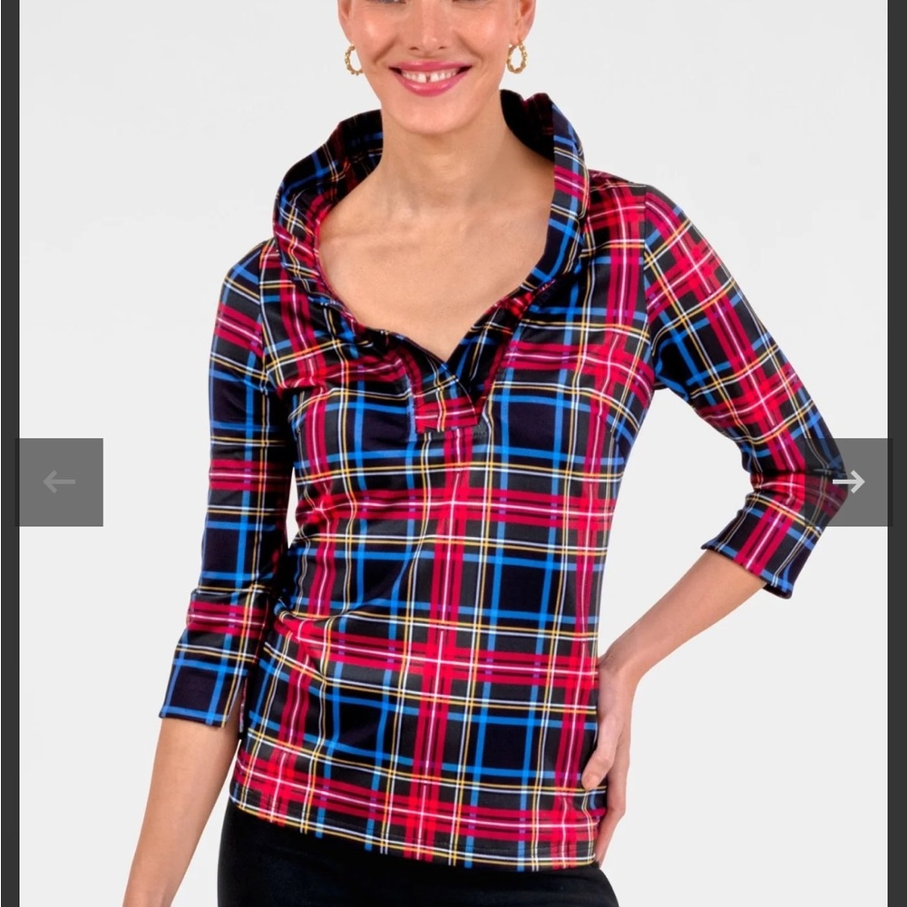 Gretchen Scott Red Tartan Plaid Stand-up Preppy Chic Ruff Collar blouse; XS